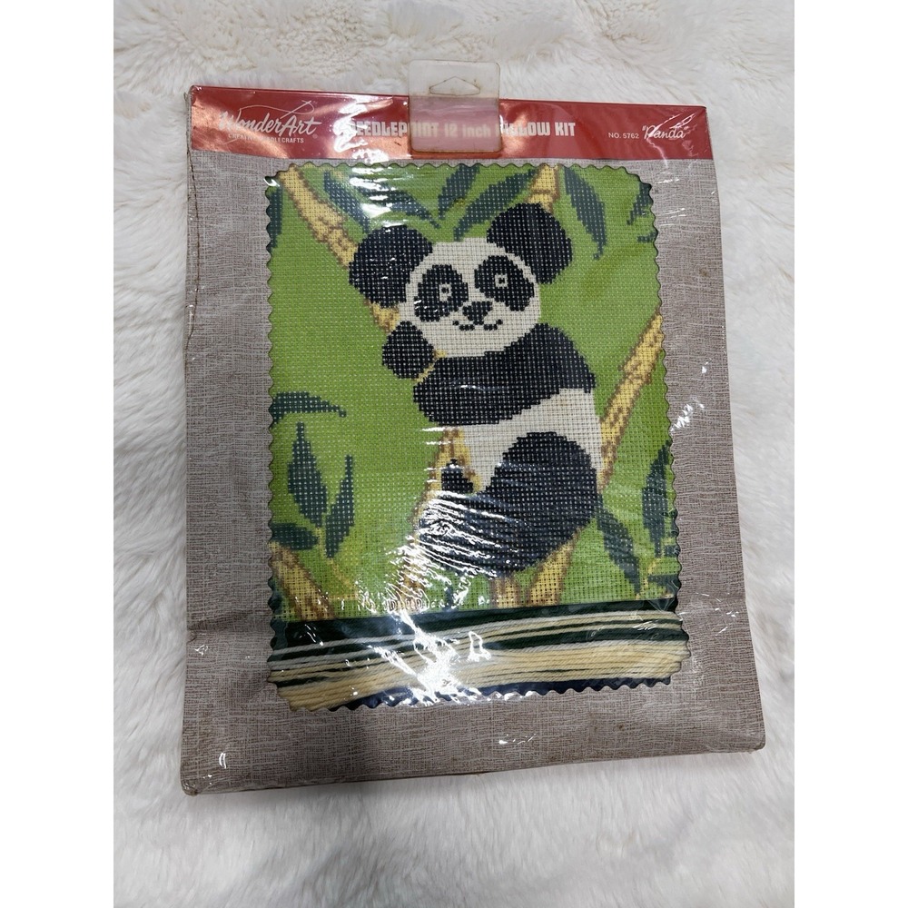 Panda Bear Bamboo Pillow Kit #5762 Needlepoint 12" Sealed NOS Vintage WonderArt